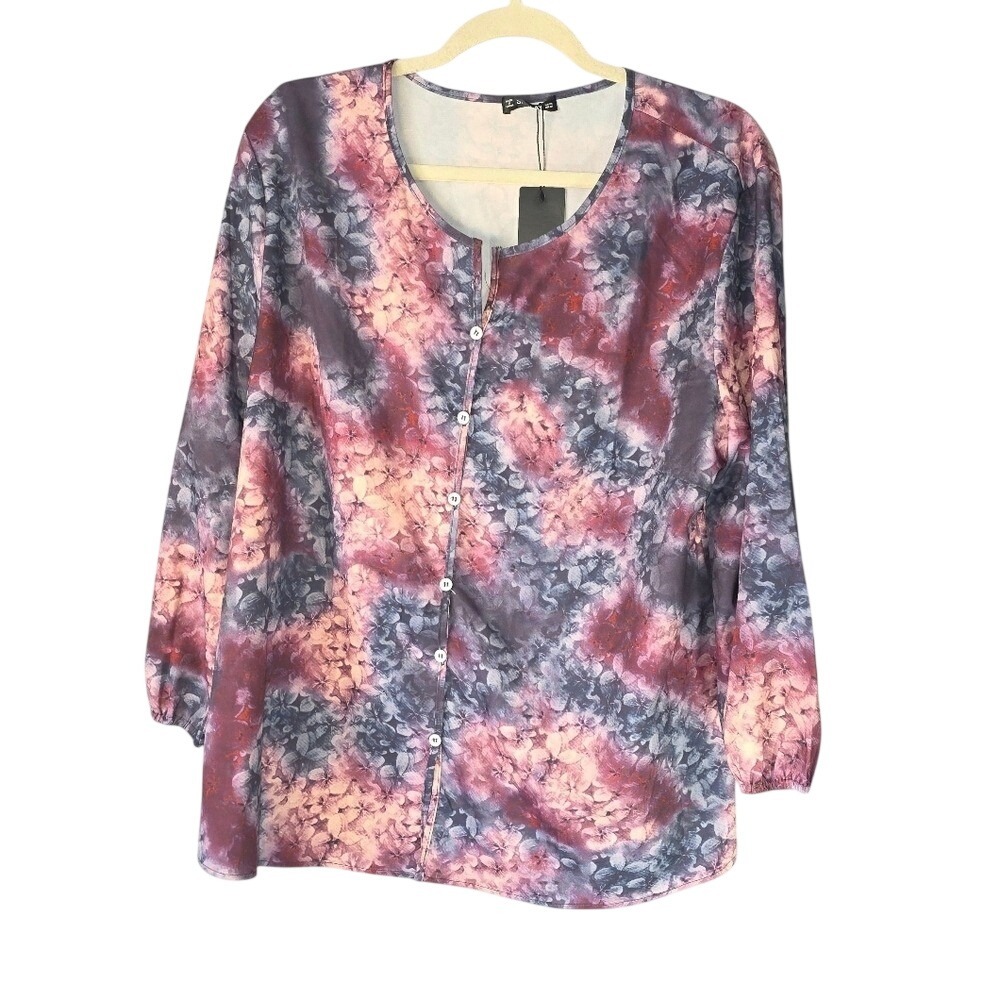 NWT‎ Sheilay Floral Blouse 2XL Purple Pink Elastic Cuffs Lightweight Retro Boho